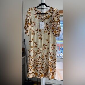 Polagram Cream Midi Dress with Mustard & Brown Floral Print